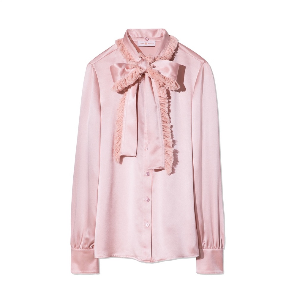 Tory Burch 100% Silk Fringe Bow Blouse